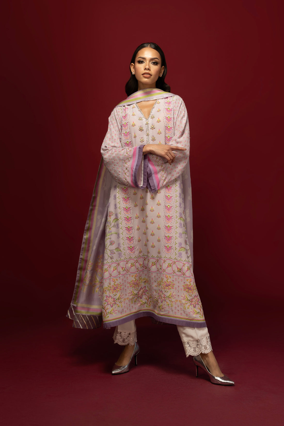 Sophisticated printed Pakistani suit — versatile for both Pakistani occasions and Western formal events