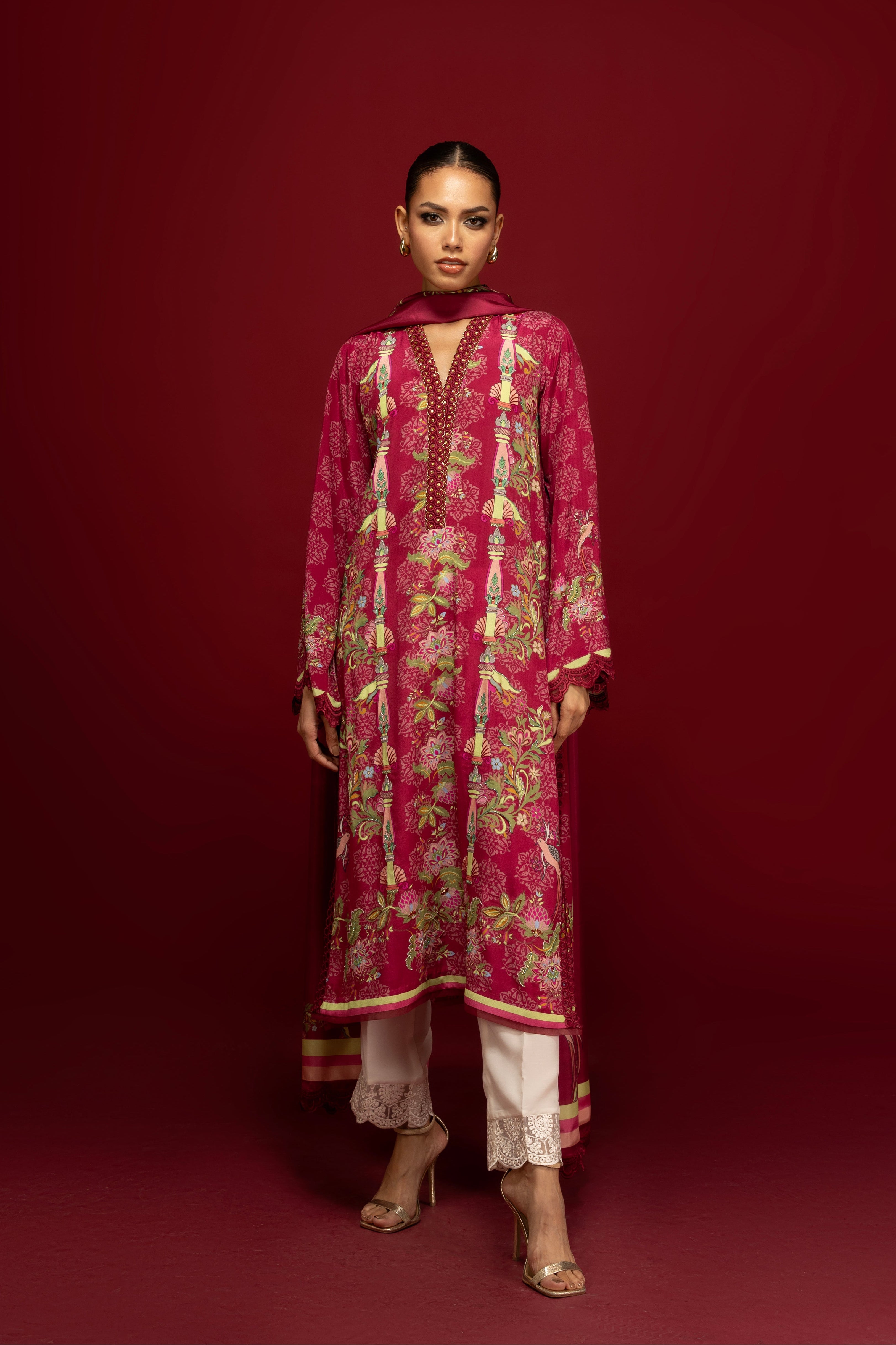 Willow rosy-red floral printed pure georgette suit from La Soie Mohak collection — full-length silhouette that scales beautifully on tall frames