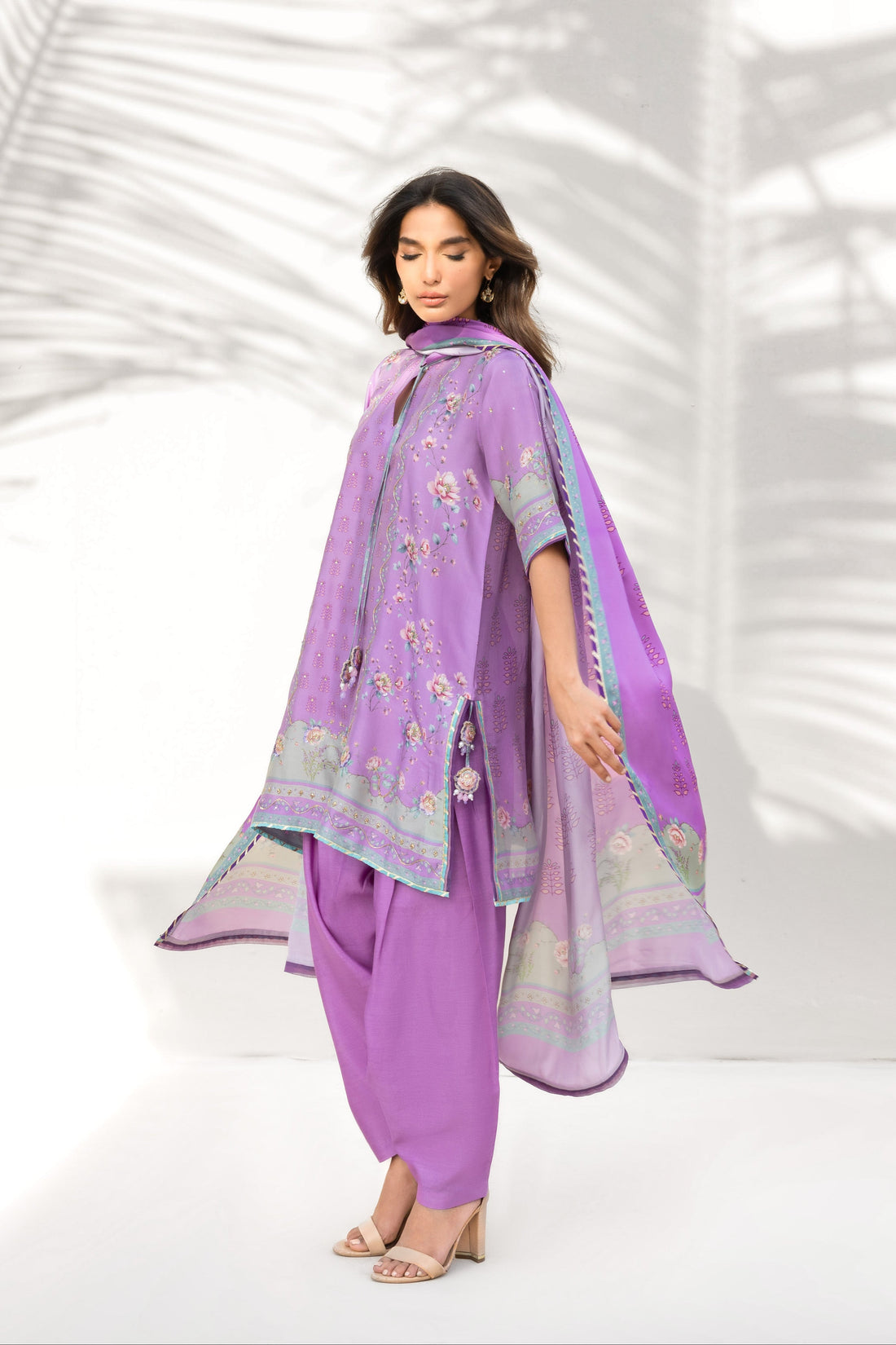 Long dupatta drape in lilac sheesha silk showing dupatta length, La Soie Jazlyn