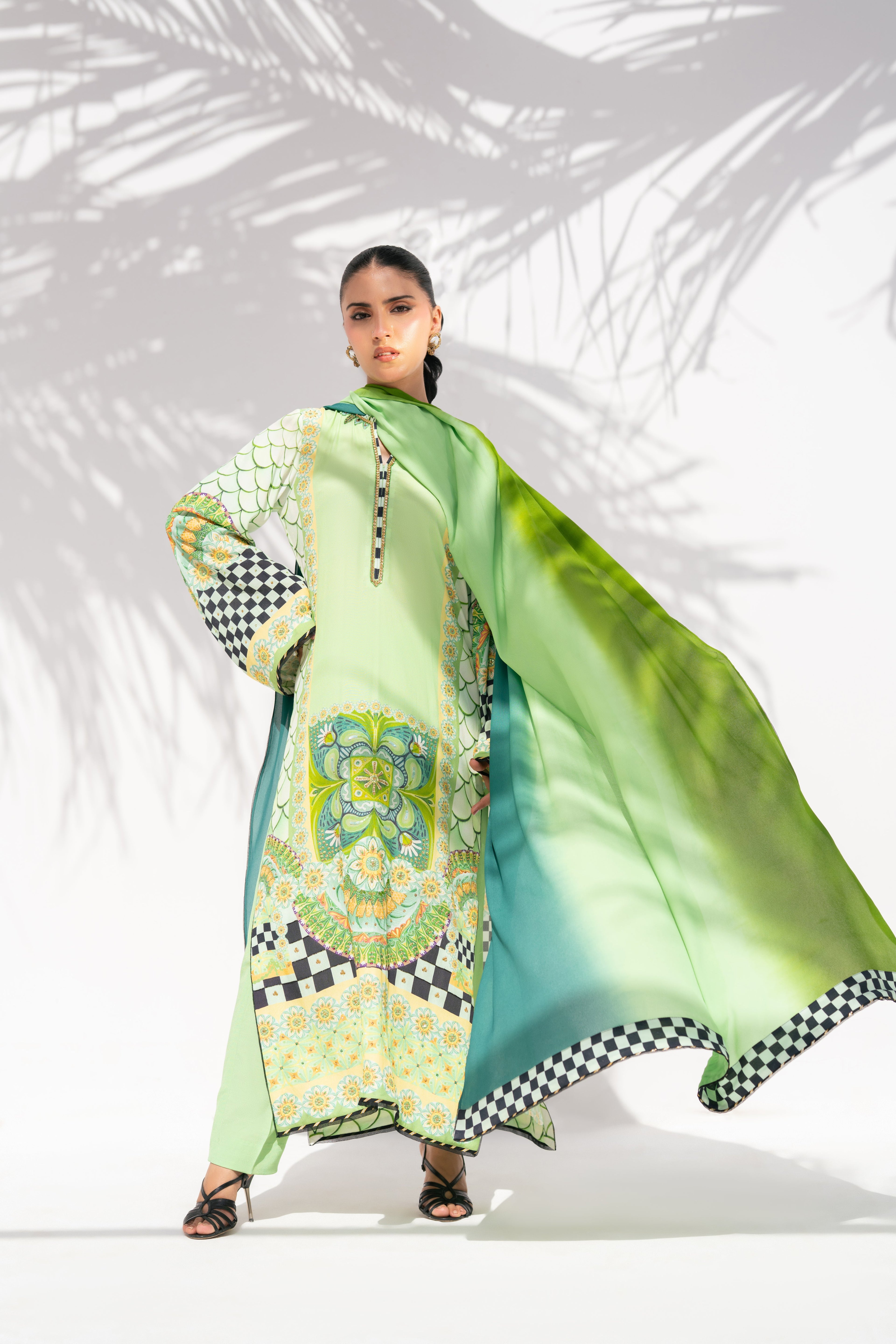 Pakistani modesty fashion long shirt with layered dupatta and full sleeves - La Soie Aurora Vines