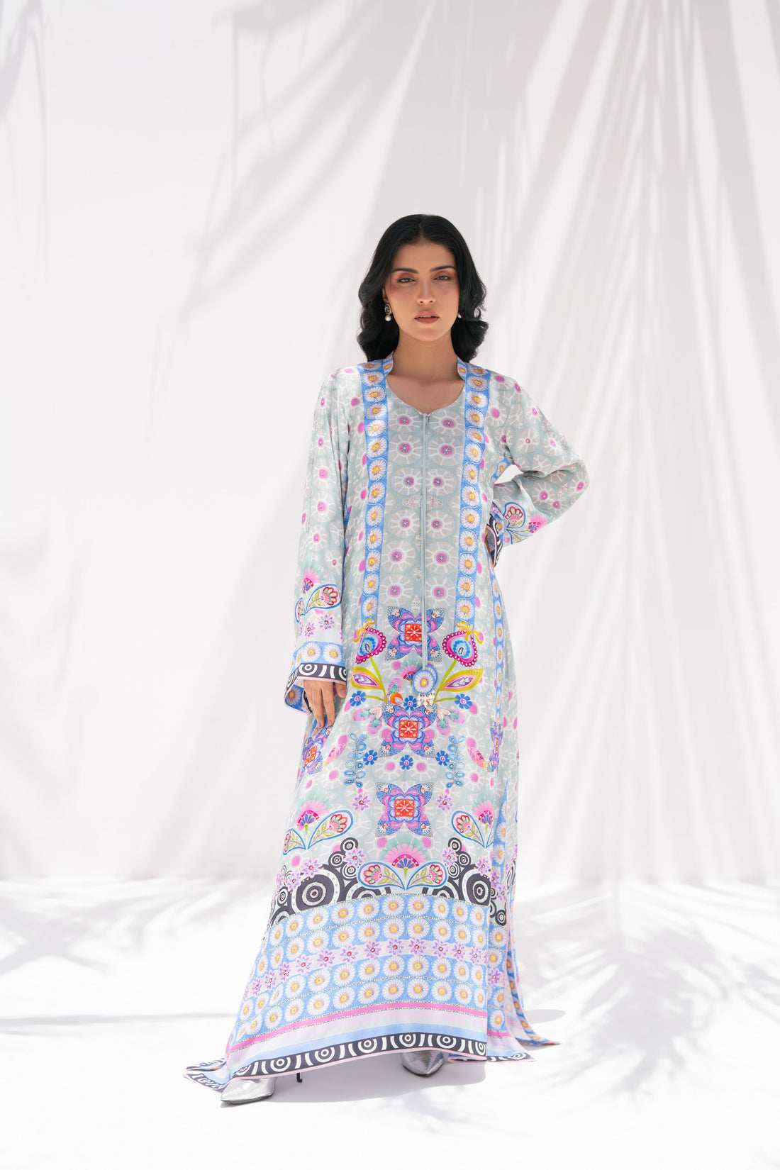 Blooming Breeze kaftan in pure georgette by La Soie — the fabric's characteristic movement and print clarity