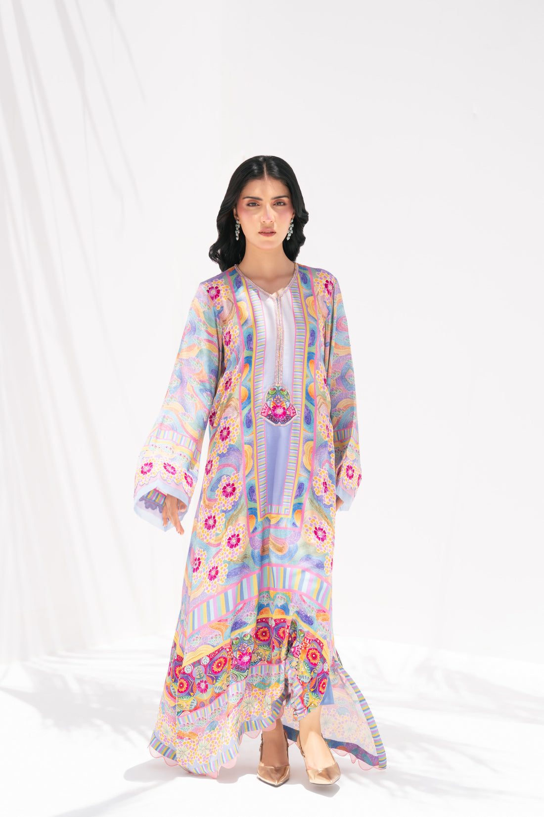 Chroma Bloom vibrant blue-purple kaftan in pure georgette by La Soie — ideal for Dubai outdoor and indoor occasions