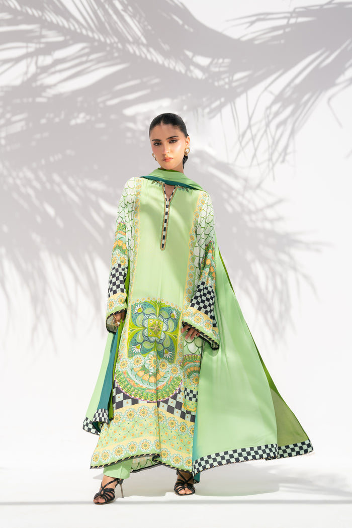 Soft green long shirt front view, La Soie Aurora Vines, Muse Eid Edit 2026