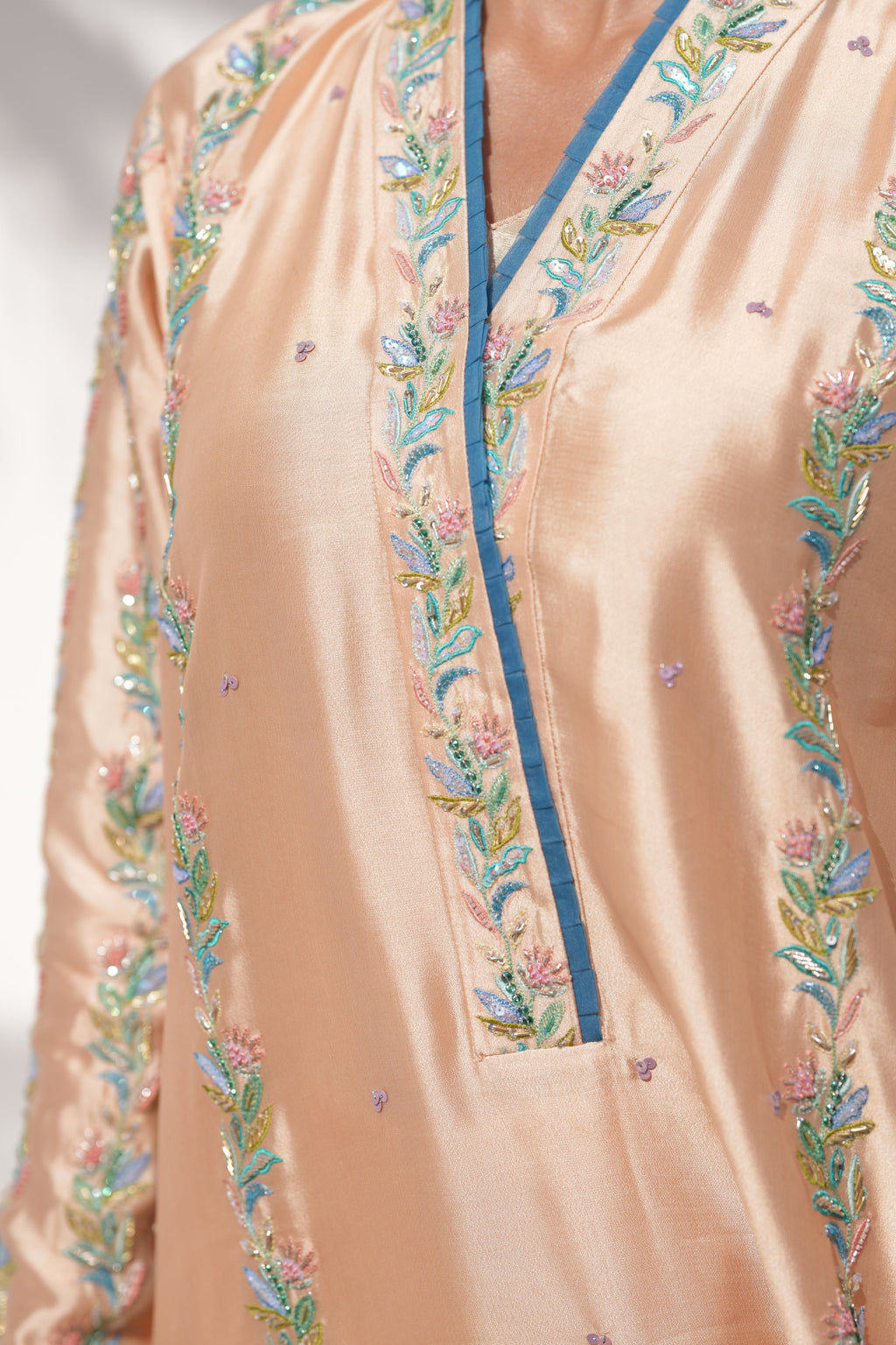 Close-up of Sheesha silk fabric weave on Coral Drizzle
