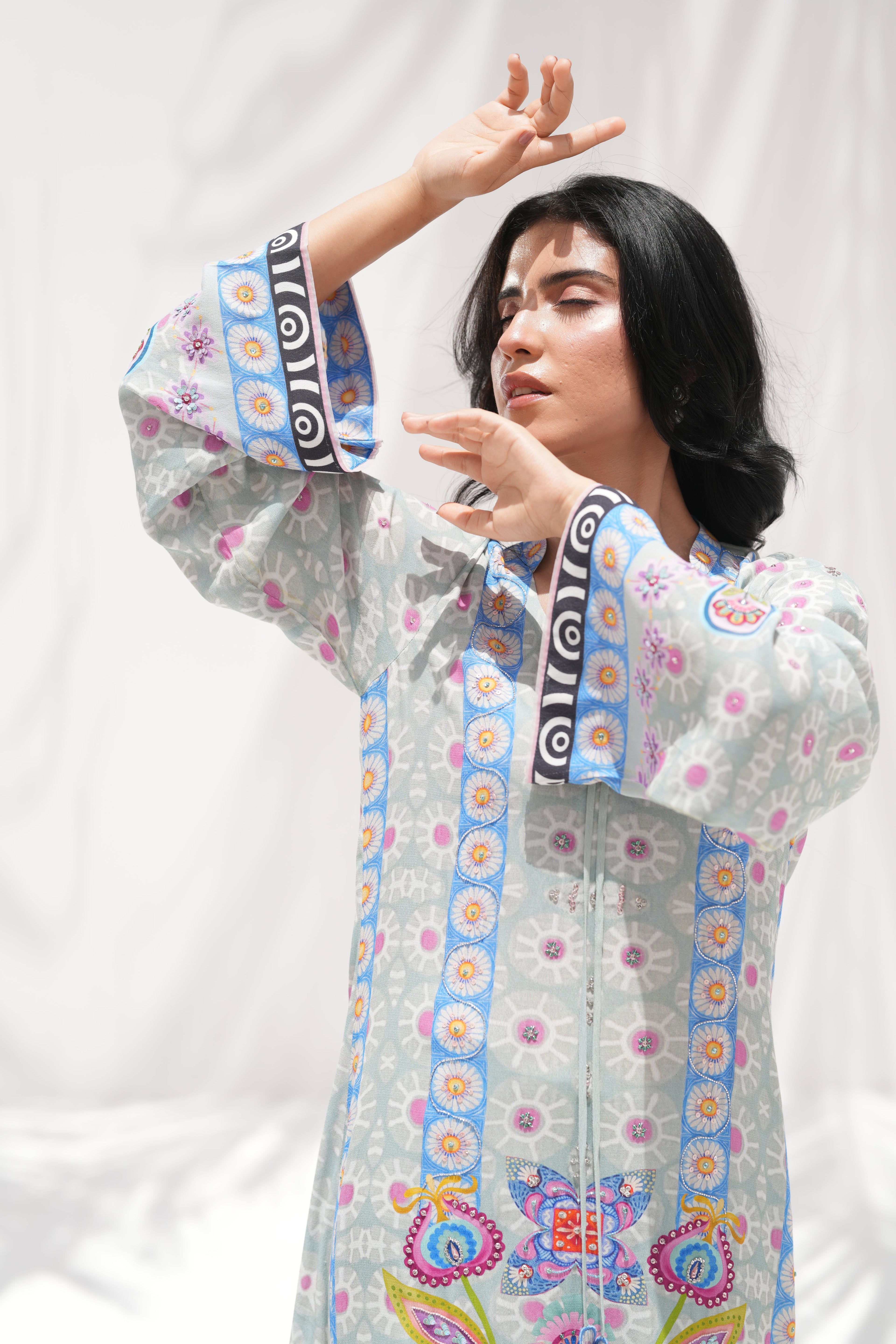 Delicate floral kaftan front view, La Soie Blooming Breeze, Muse Eid Edit 2026	