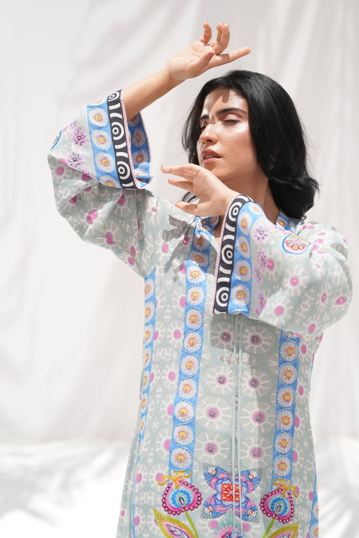 Delicate floral kaftan front view, La Soie Blooming Breeze, Muse Eid Edit 2026	