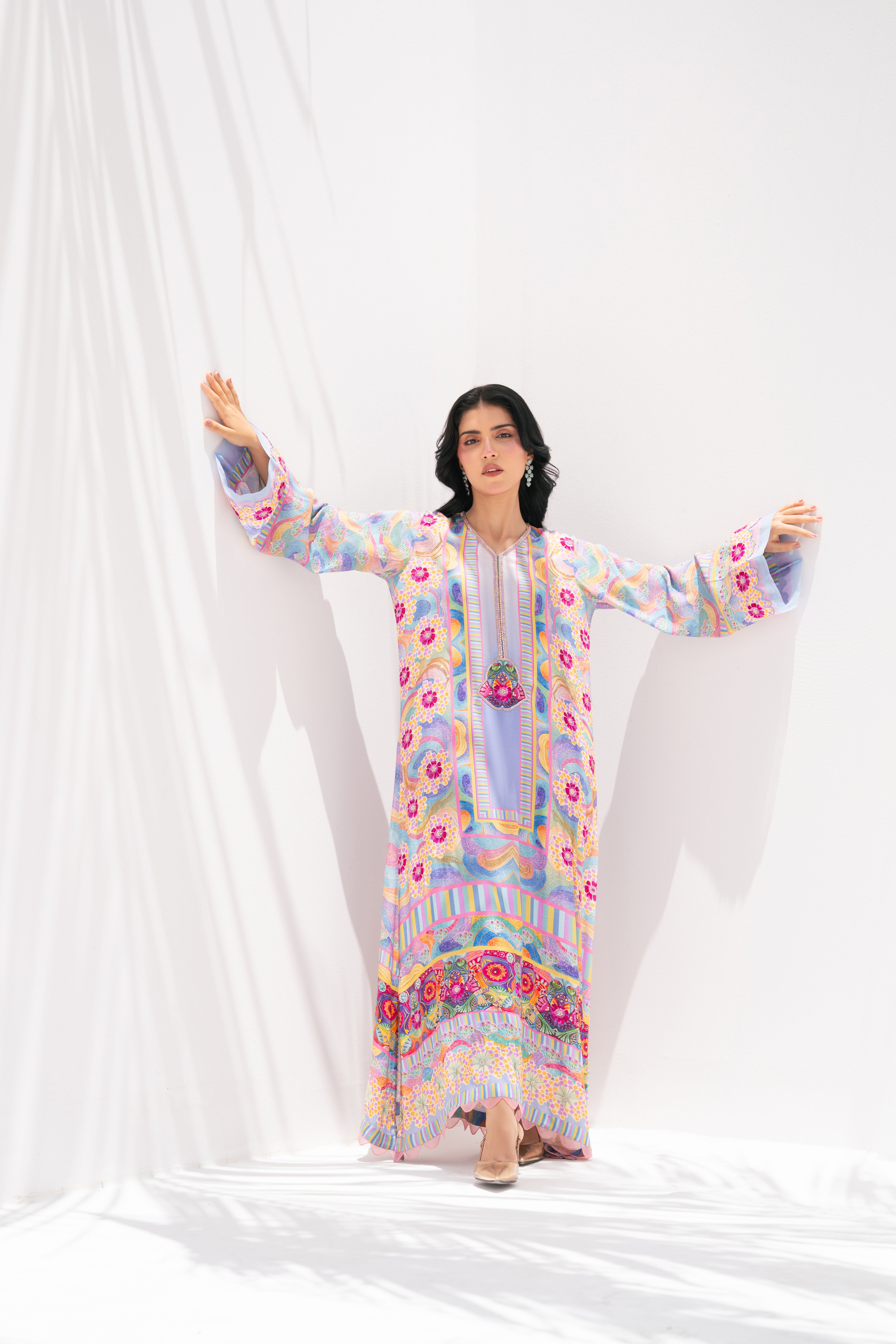Vibrant blue-purple kaftan front view, La Soie Chroma Bloom, Muse Eid Edit 2026	