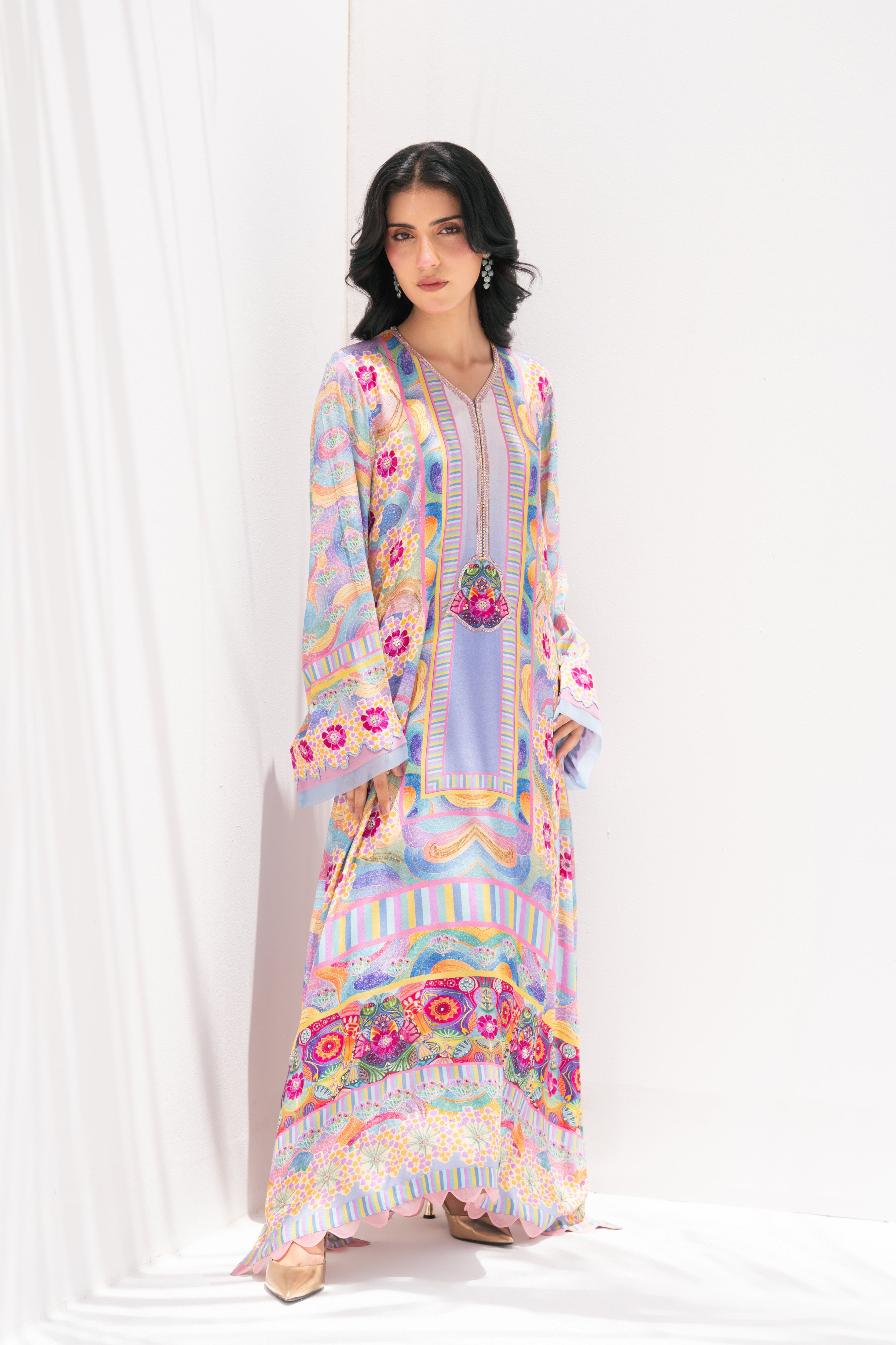 Vibrant blue-purple kaftan front view, La Soie Chroma Bloom, Muse Eid Edit 2026	