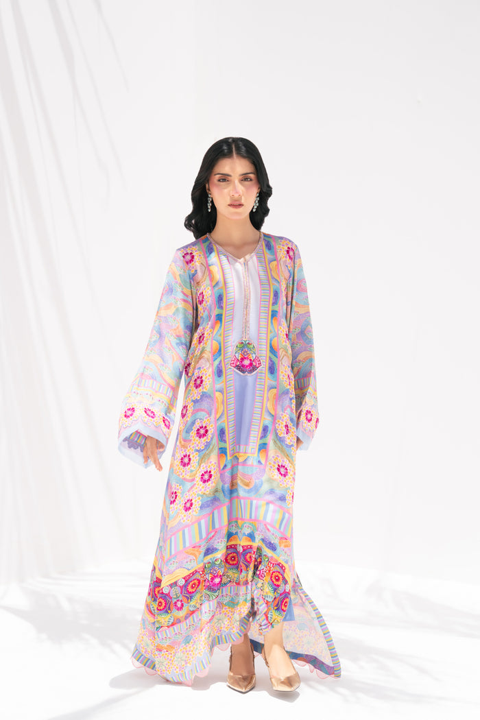 Vibrant blue-purple kaftan front view, La Soie Chroma Bloom, Muse Eid Edit 2026	