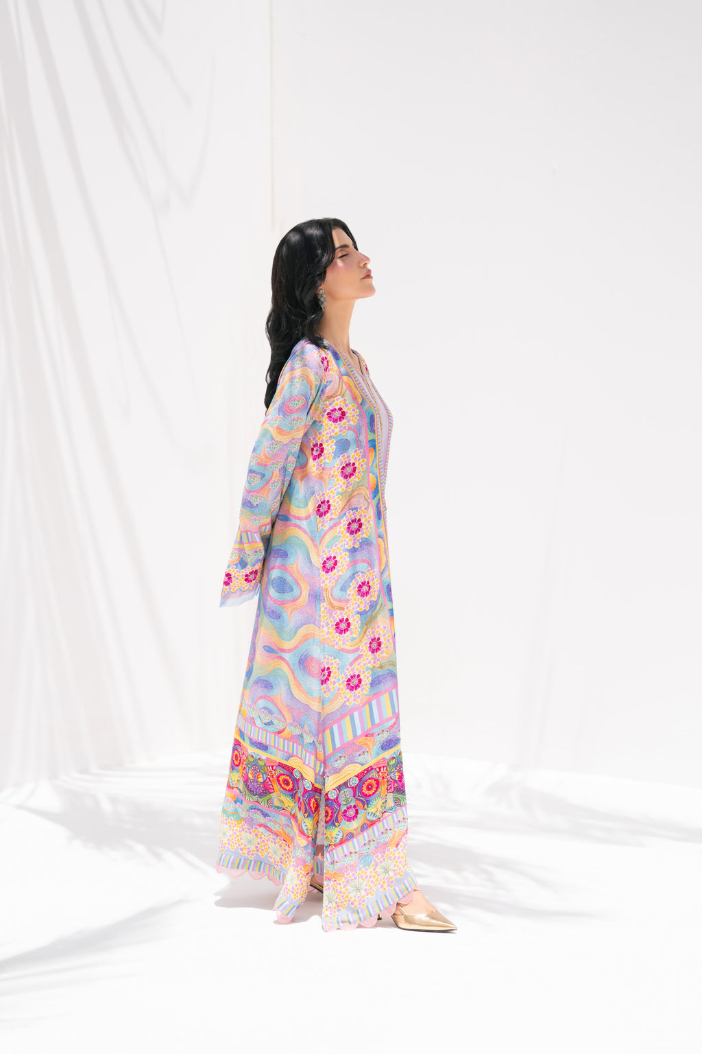 Model walking in Chroma Bloom, full length, La Soie	