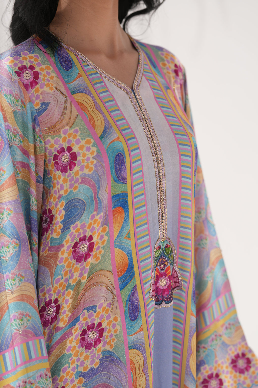 Detail of hand-embellishment on neckline of Chroma Bloom	