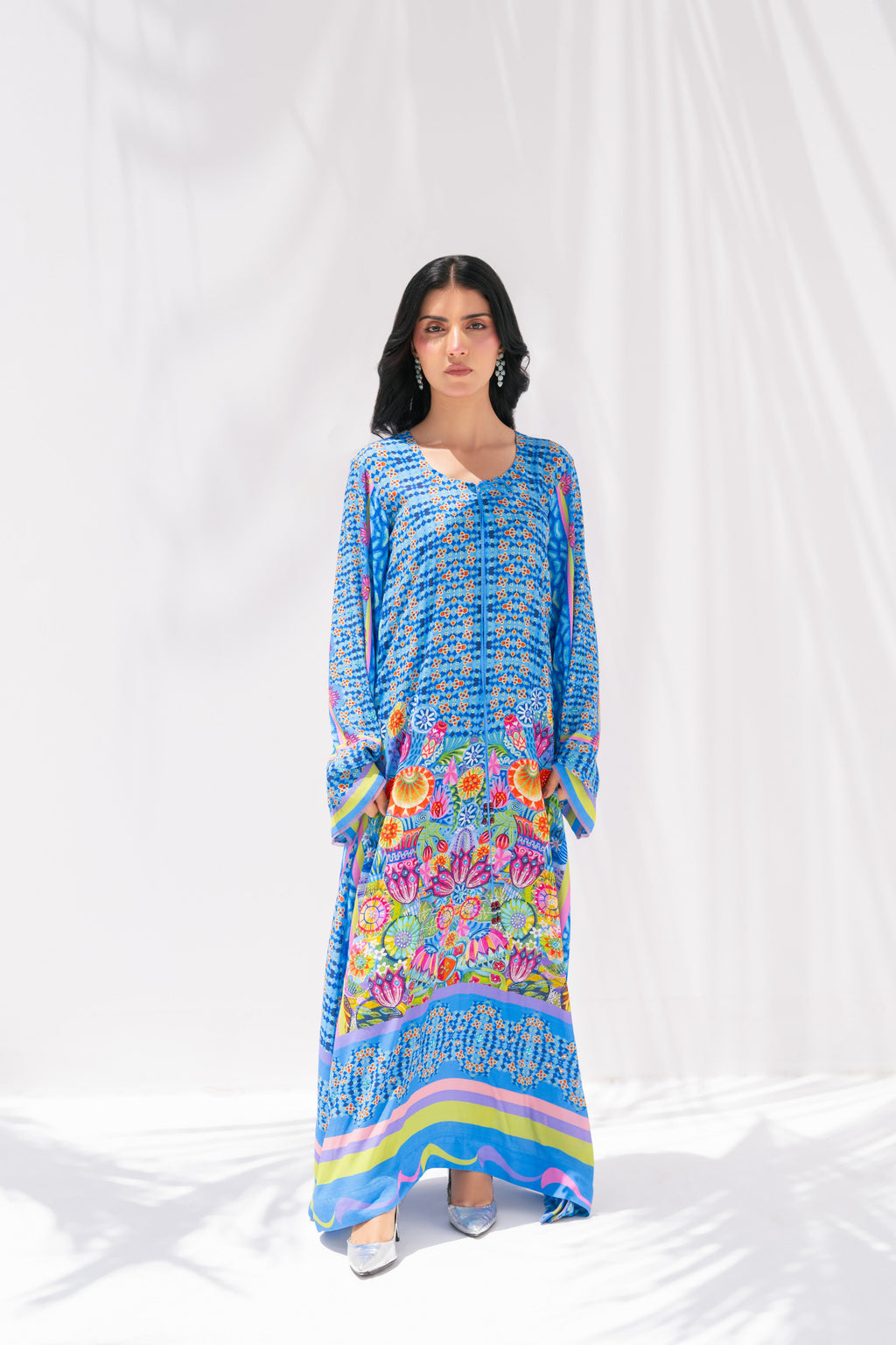 Vivid floral kaftan front view, La Soie Nova Garden, Muse Eid Edit 2026	