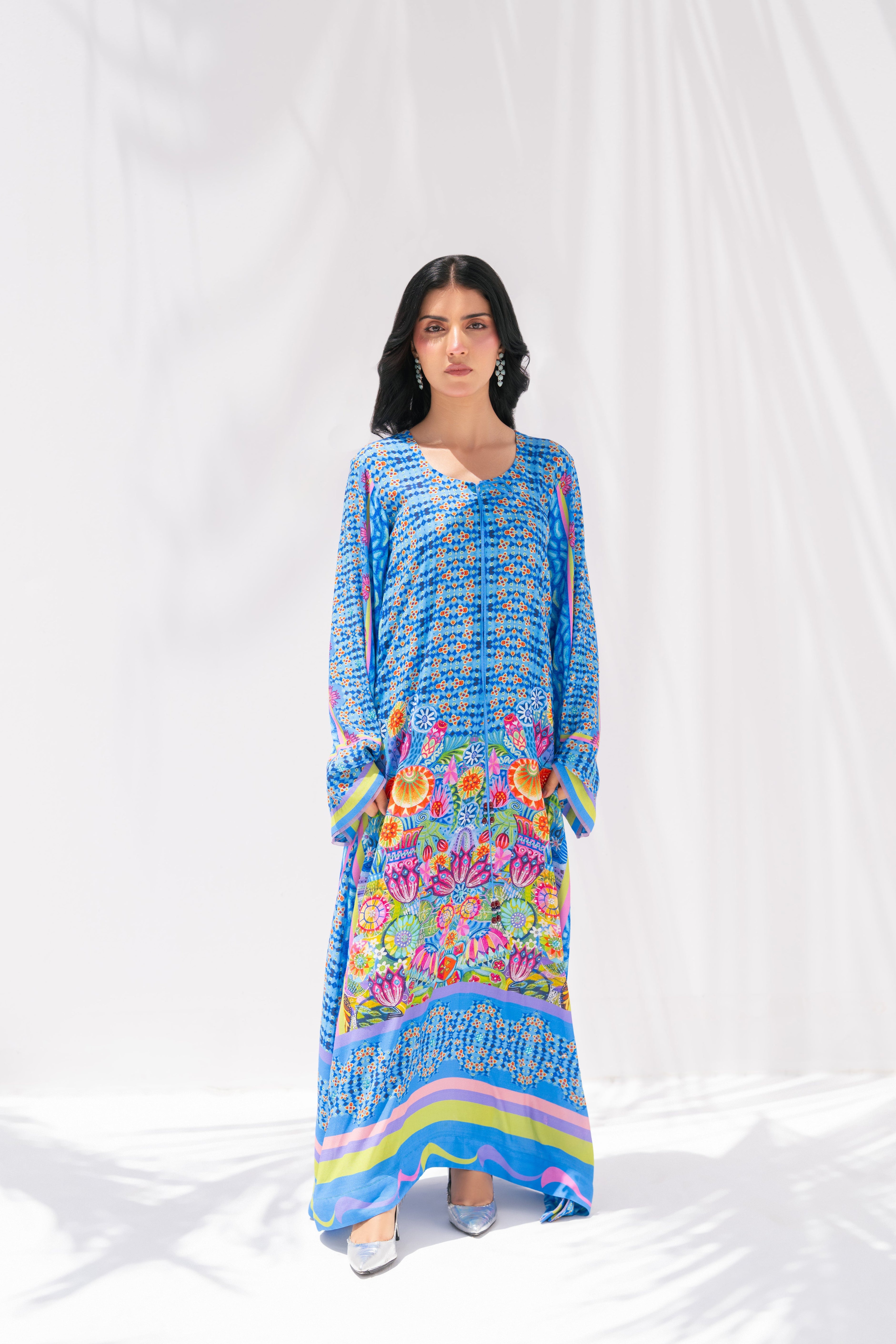 Vivid floral kaftan front view, La Soie Nova Garden, Muse Eid Edit 2026	