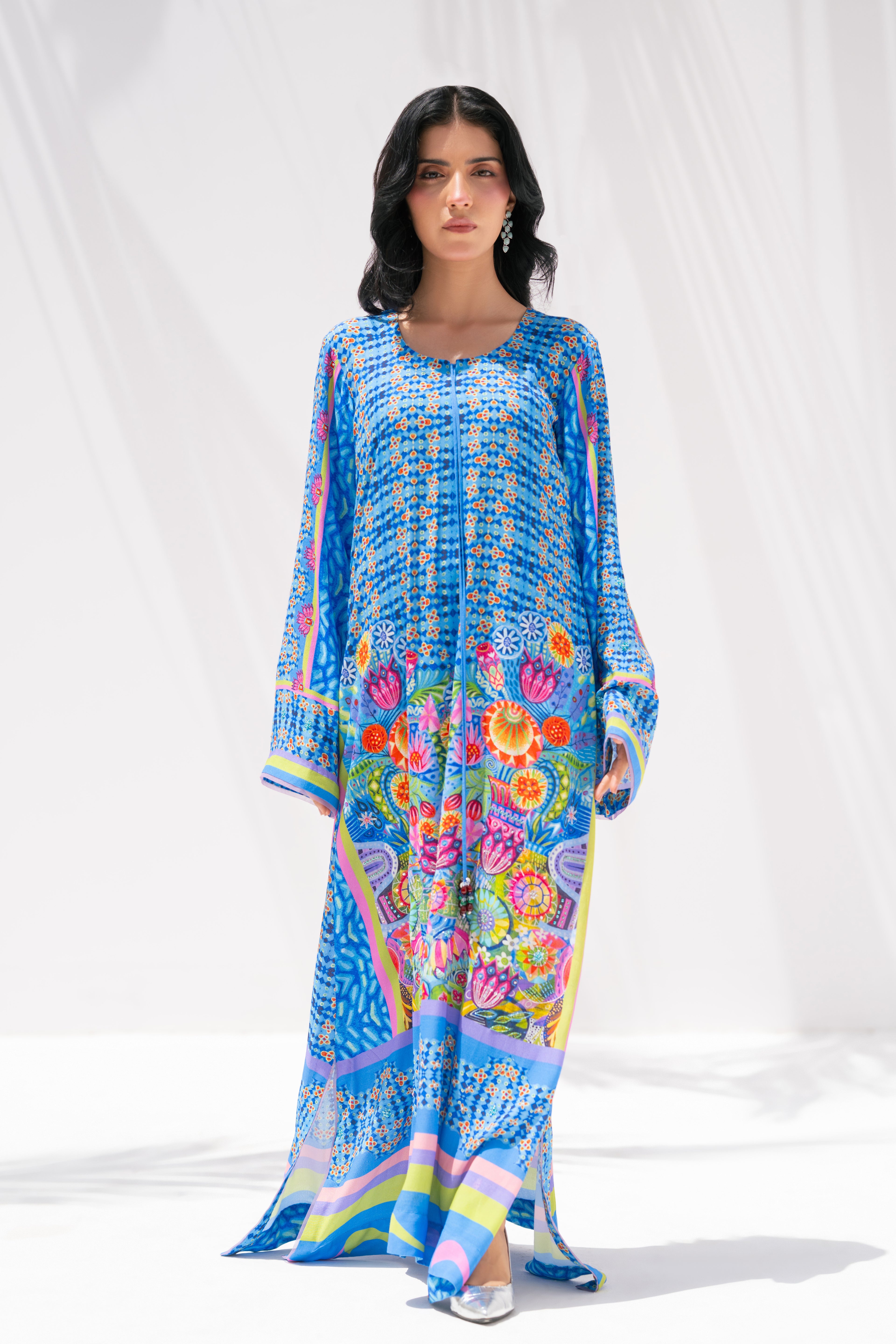 Vivid floral kaftan front view, La Soie Nova Garden, Muse Eid Edit 2026	