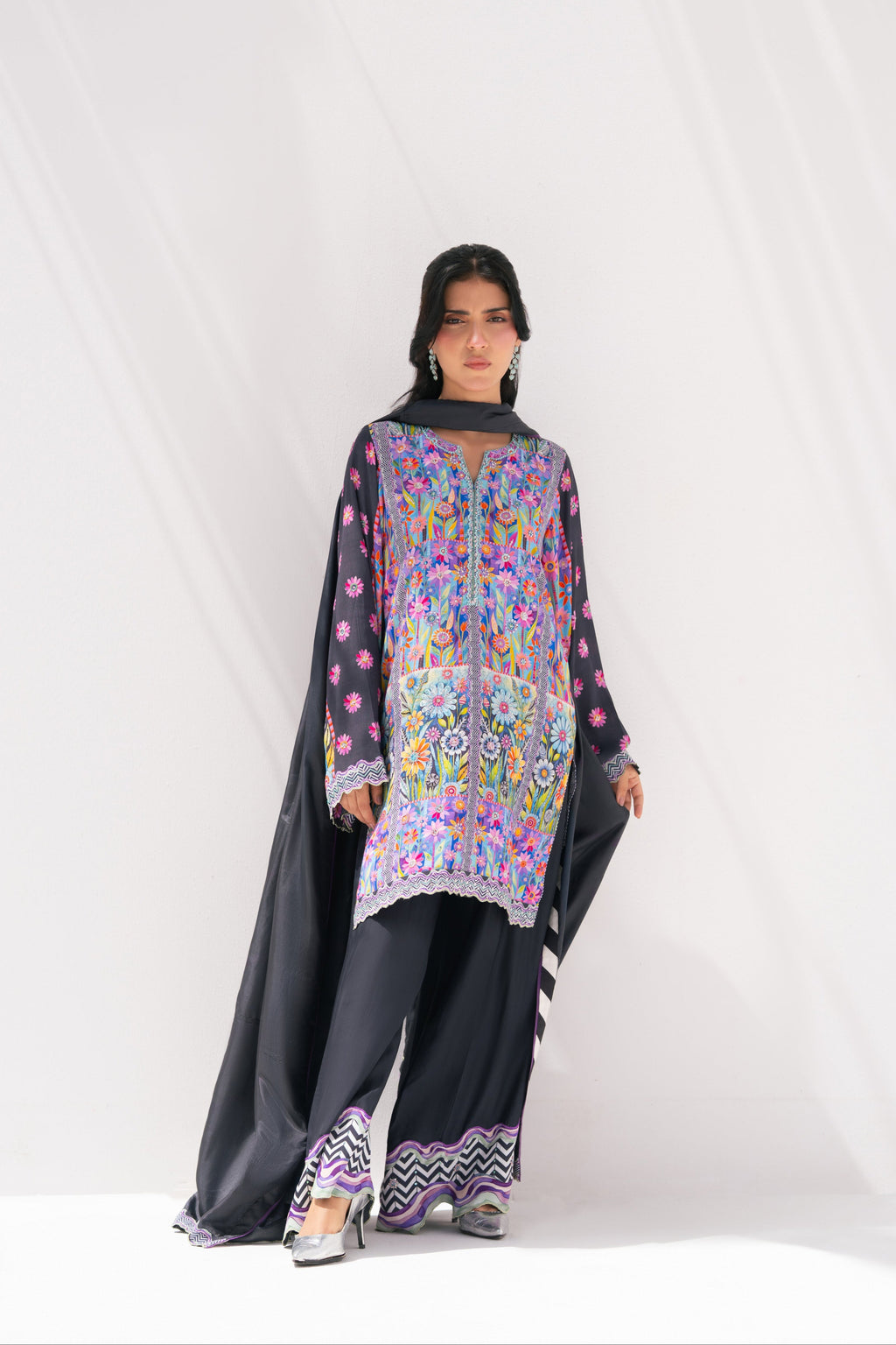 Multi-floral short shirt front view, La Soie Mystical Garden, Muse Eid Edit 2026	