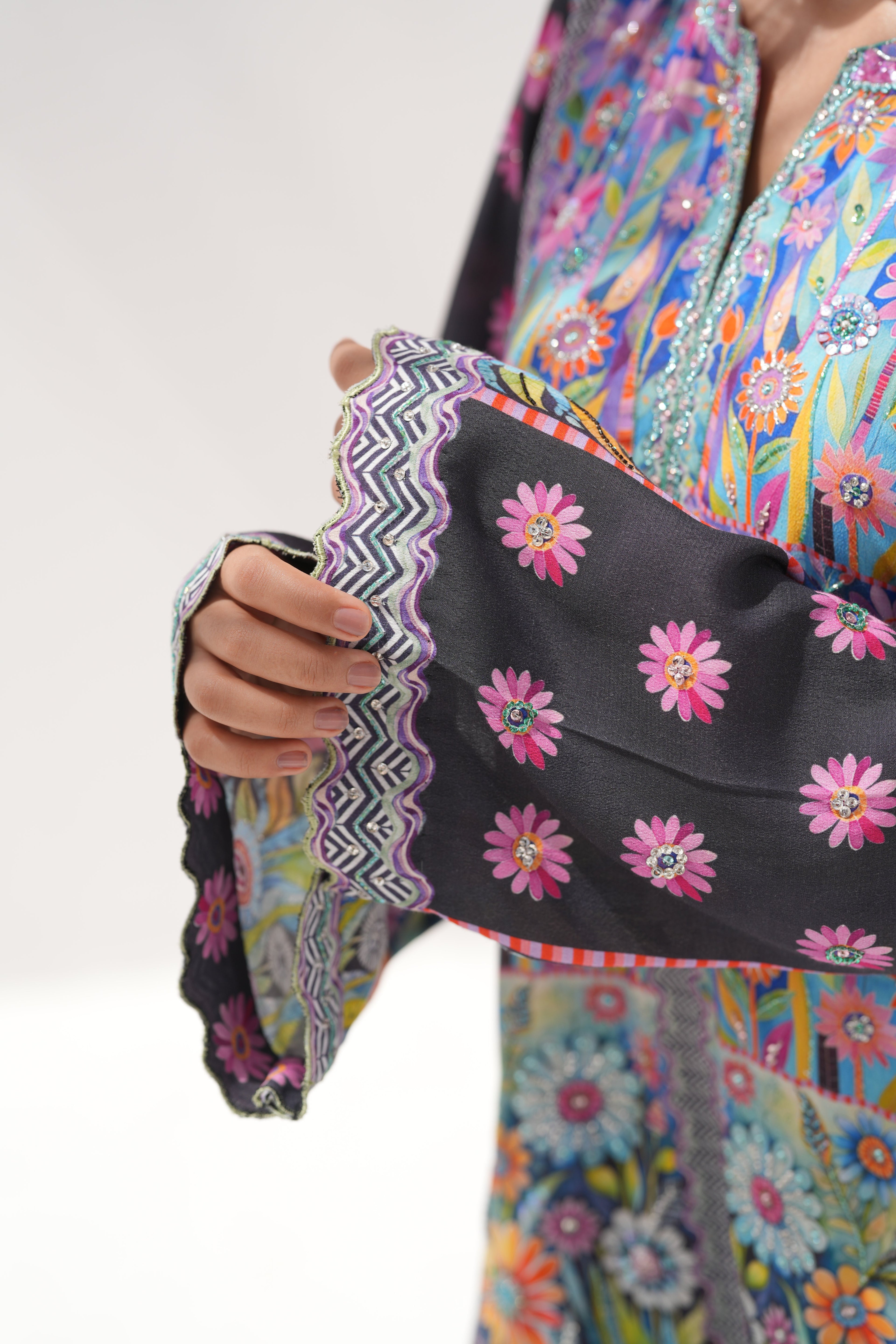 Close-up of Georgette fabric weave on Mystical Garden	