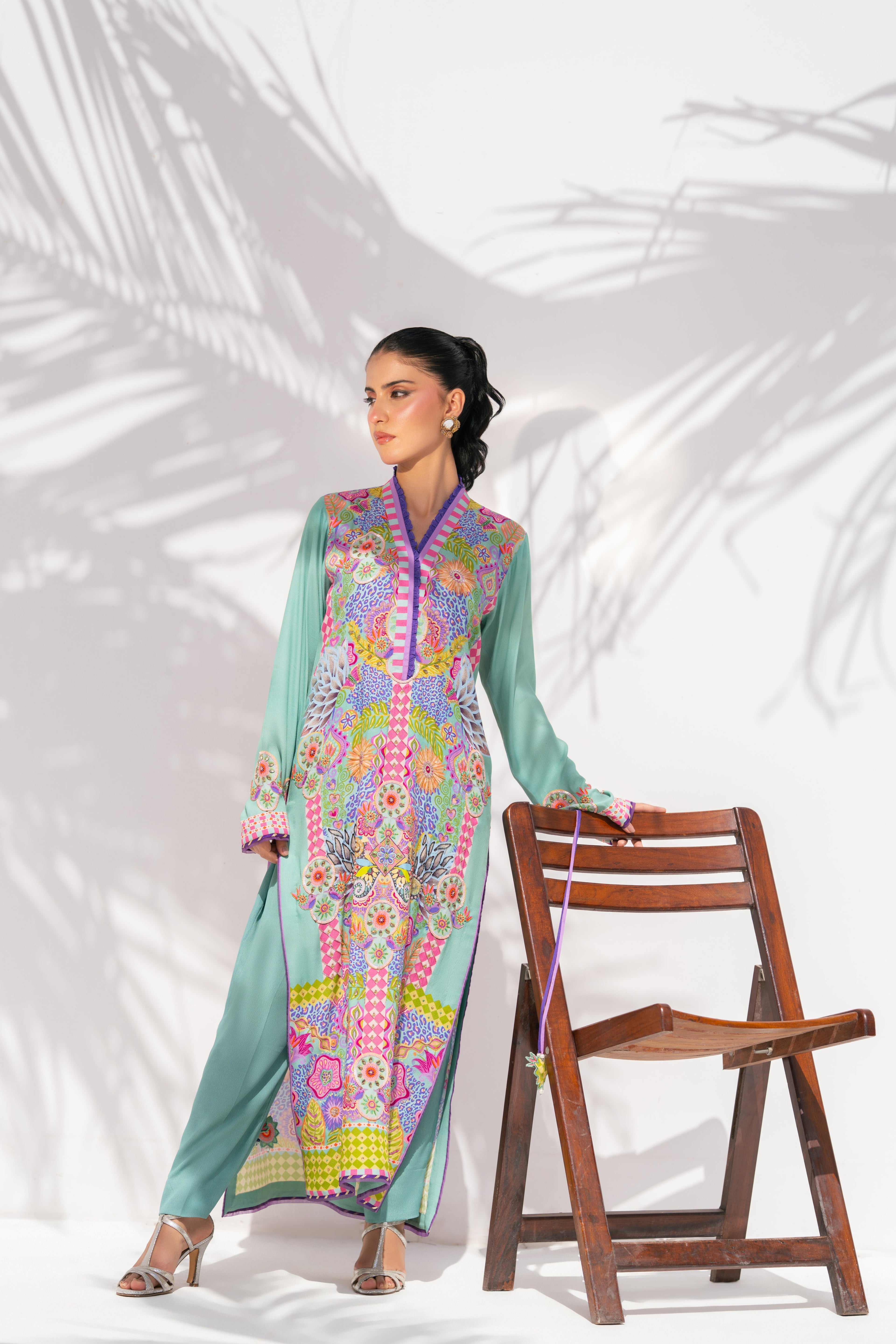Print-shifting long shirt front view, La Soie Prism Meadows, Muse Eid Edit 2026