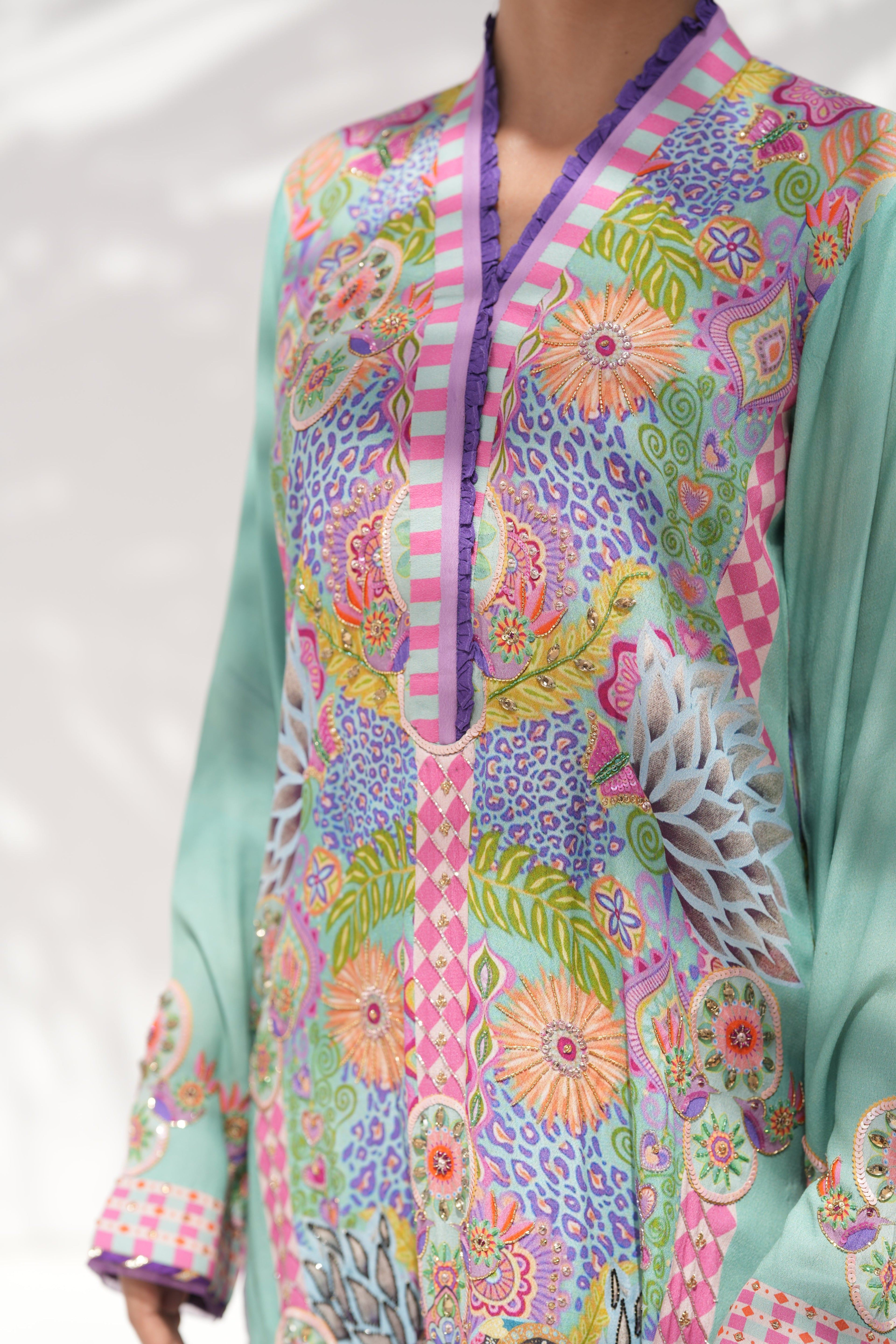 Detail of hand-embellishment on neckline of Prism Meadows	