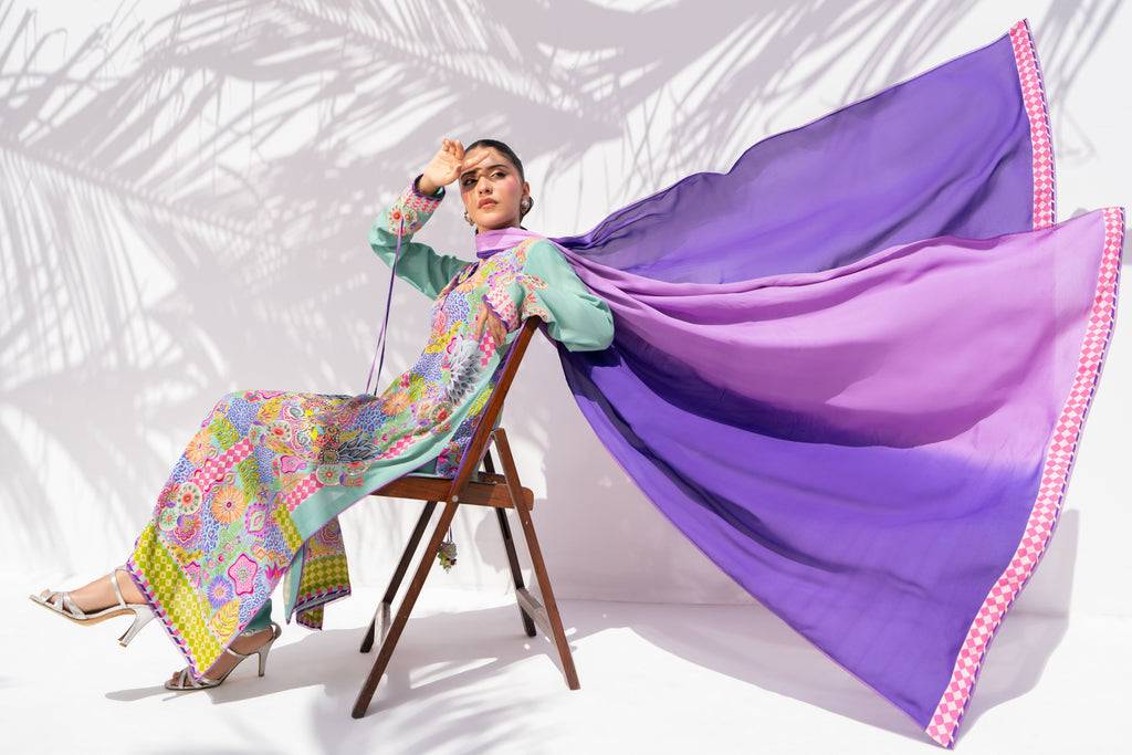 Prism Meadows back view showing dupatta drape and silhouette	